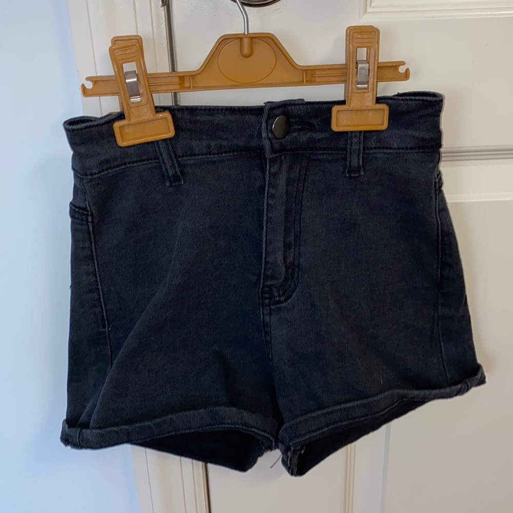 Black High Rose Denim Shorts